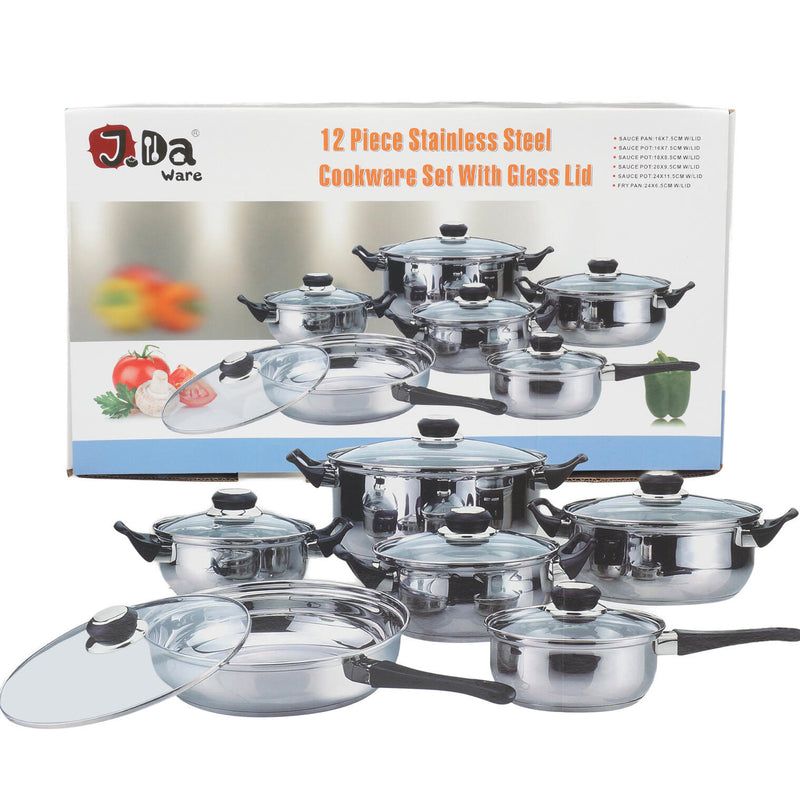 12 Piece Stainless Steel with Glass Cookware Set | Pot and Pan Set - Offpricebundles