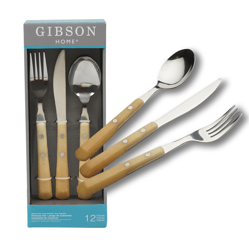 Gibson Home 12 Piece Stainless Steel Flatware Set with Wooden Handles - Offpricebundles