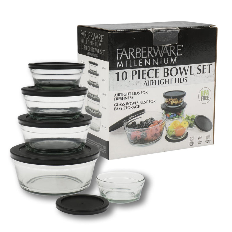 10 Piece Farberware Glass Bowl Set with Black Lids - Offpricebundles