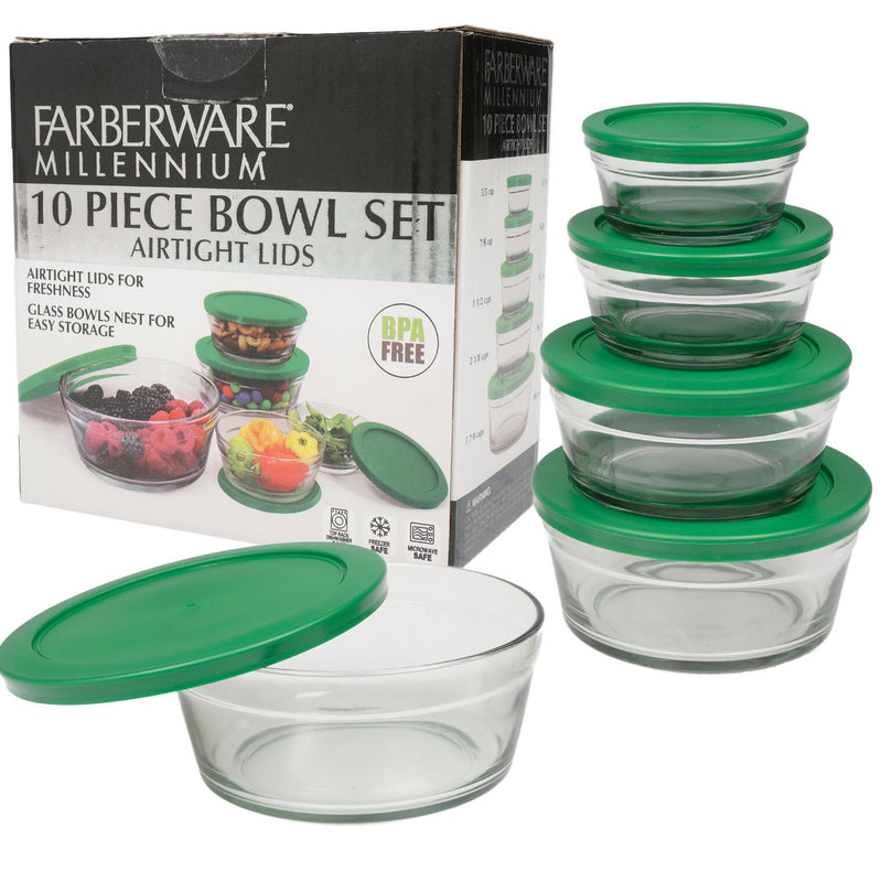 10 Piece Faberware Glass Bowl Set with Green Lids - Offpricebundles