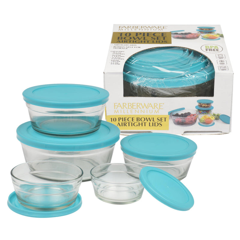 10 Piece Farberware Glass Bowl Set with Aqua Lids - Offpricebundles